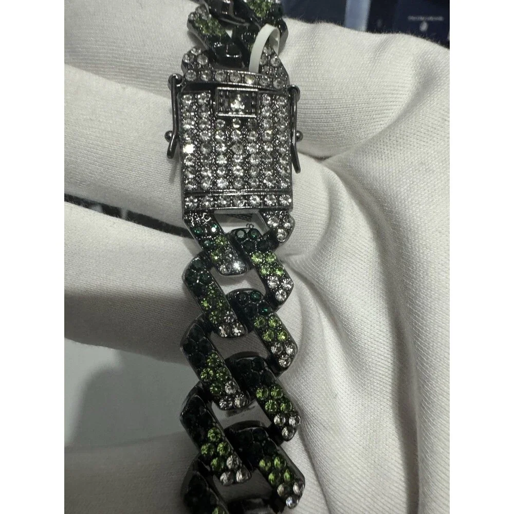 Cuban Link Camo Drip Chain 22” SS Gunmetal/Green/Silver AUS Crystals